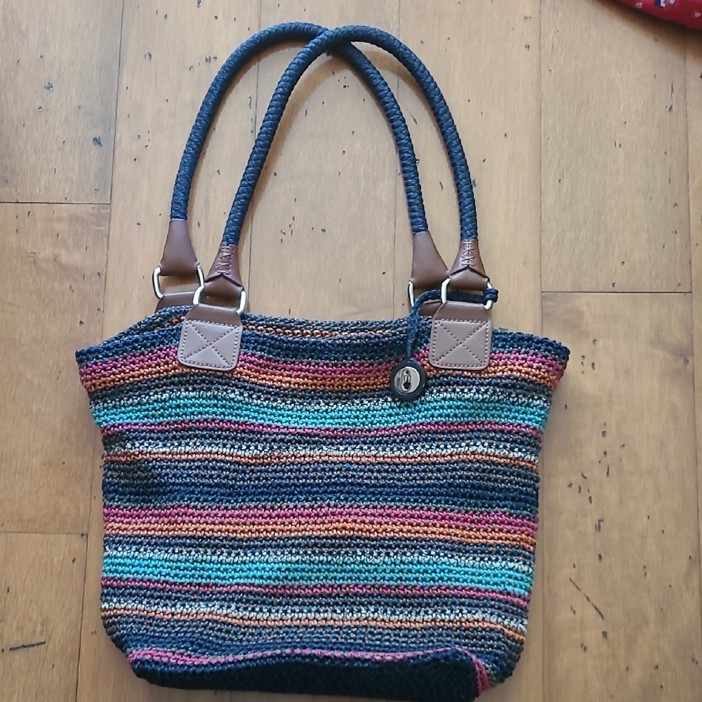 The Sak Cambria Large Rainbow Stripe Crochet Knit Tote Shoulder Bag,
